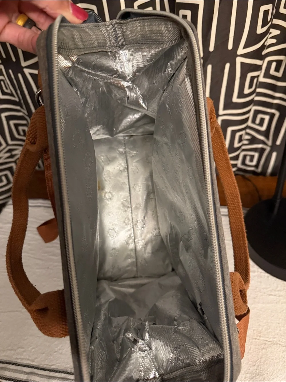 Stylish Grey Shoulder Bag with Tan Accents